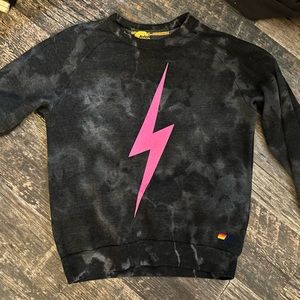 EUC Aviator Nation Grey/Black Tie Dye Crew Sweater w/ Neon Pink Bolt Sz Medium
